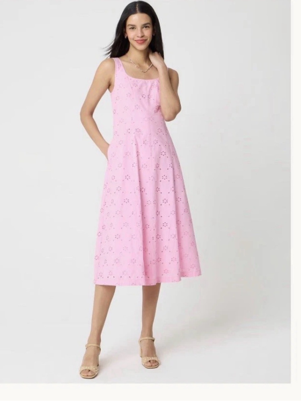 J. Crew Eyelet Embroidered Midi Cotton Dress in Pink Pockets $168 NEW Size- 6P
